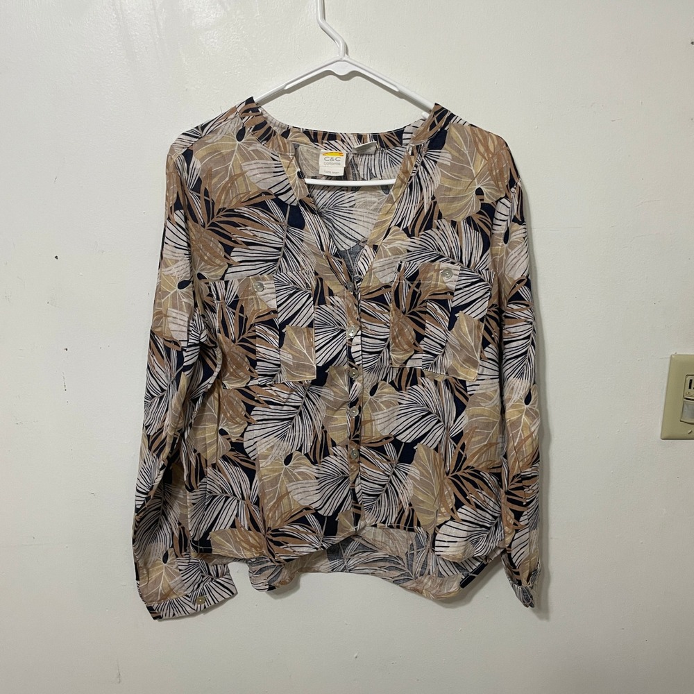 C&C California Women Linen Tropical Palm Leaf Print Button Down Blouse Tan Med